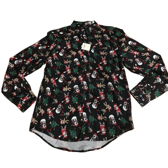 George Mens M Christmas Novelty Button Up Long Sleeve Shirt Santa  Snowman Print - Picture 2 of 15